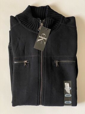 Calvin Klein Men's Black Zip-Up Ribbed Collar Sweater Jacket Size L
